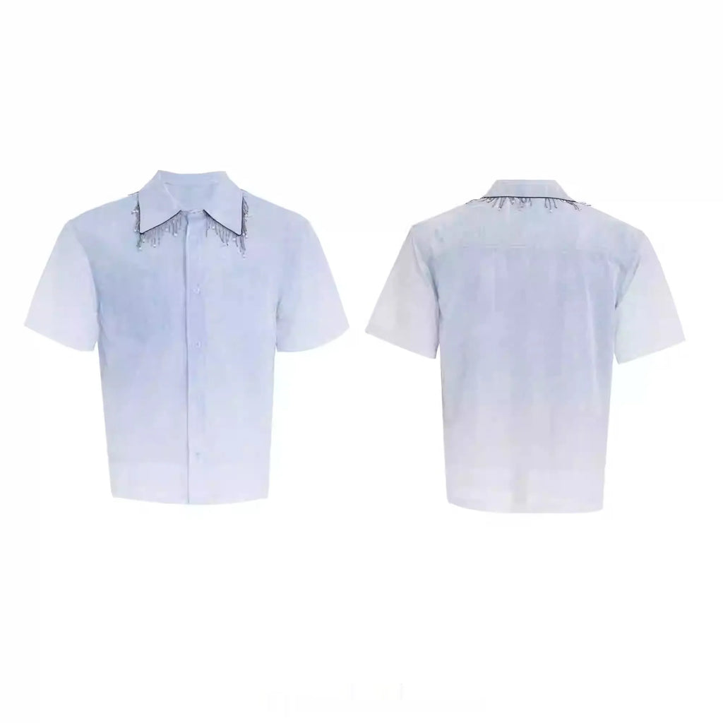 Blue and white gradient short sleeve polyester shirt with loose summer fit
