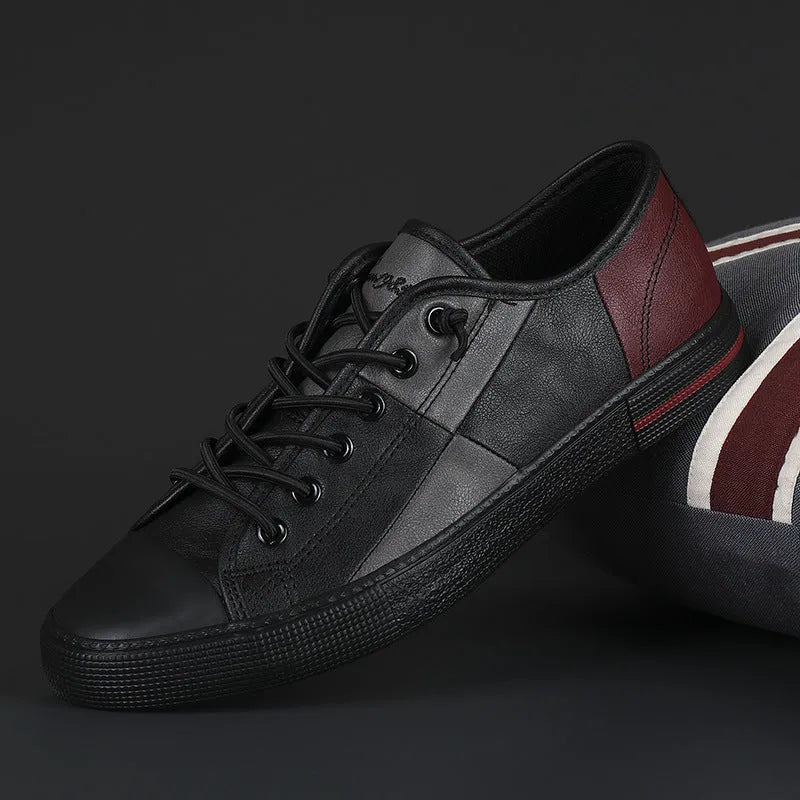 Men's colour-contrast microfiber leather pumps with rubber vulcanised sole, flat heel, round toe, shown in black and white colour option
