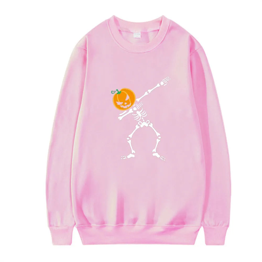 Women's printed long sleeve crew neck top in multiple colours on a size chart background.