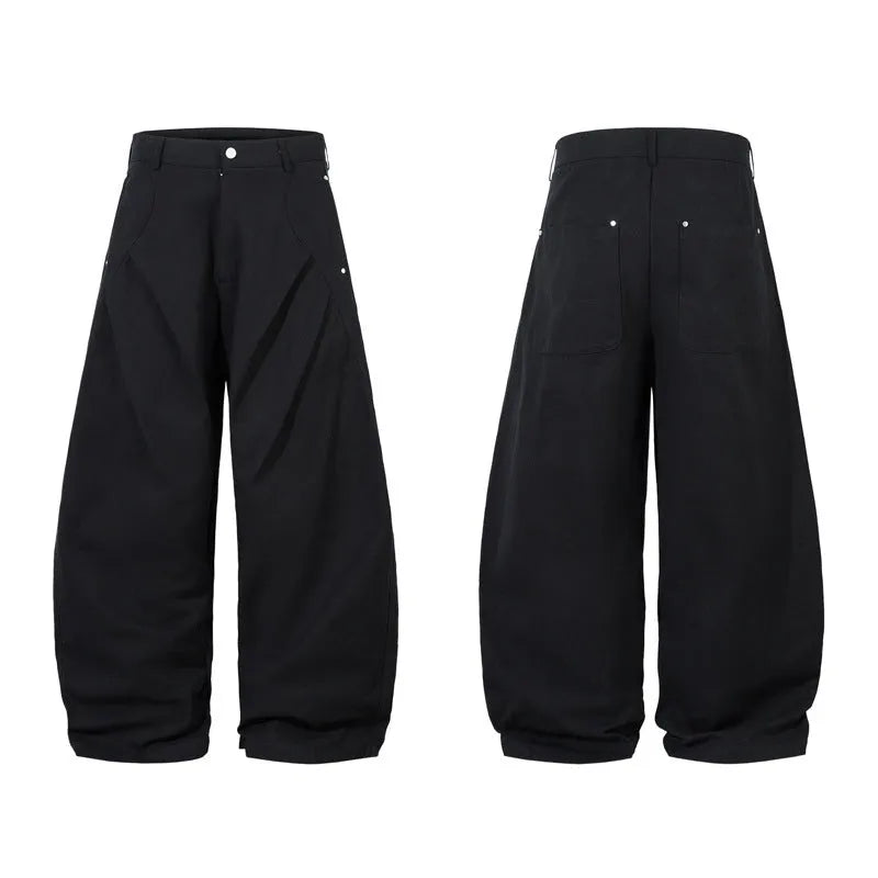 Men's pleated machete casual trousers in black, loose-fitting wide-leg cotton pants with mid waist
