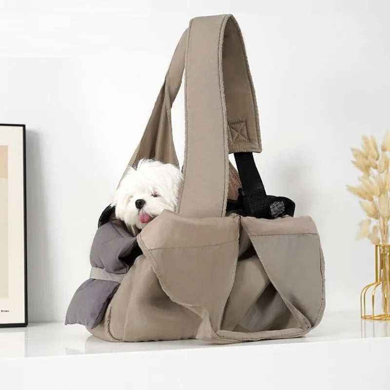 Apricot cloth pet summer handbag showing dimensions of 41cm length by 16cm width by 28cm height