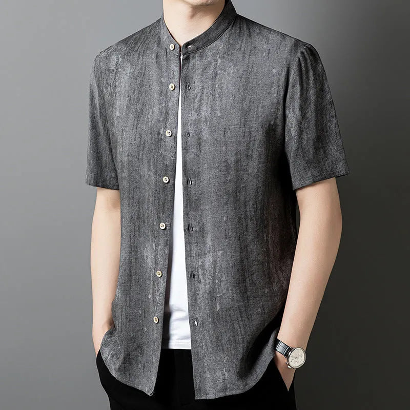 Men's grey linen blend short sleeve cardigan shirt with stand collar on a hanger