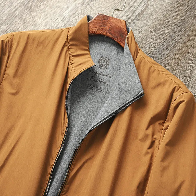 Men's stand collar casual jacket in army green, shown on a model, featuring a simple design with a cotton-lined interior.