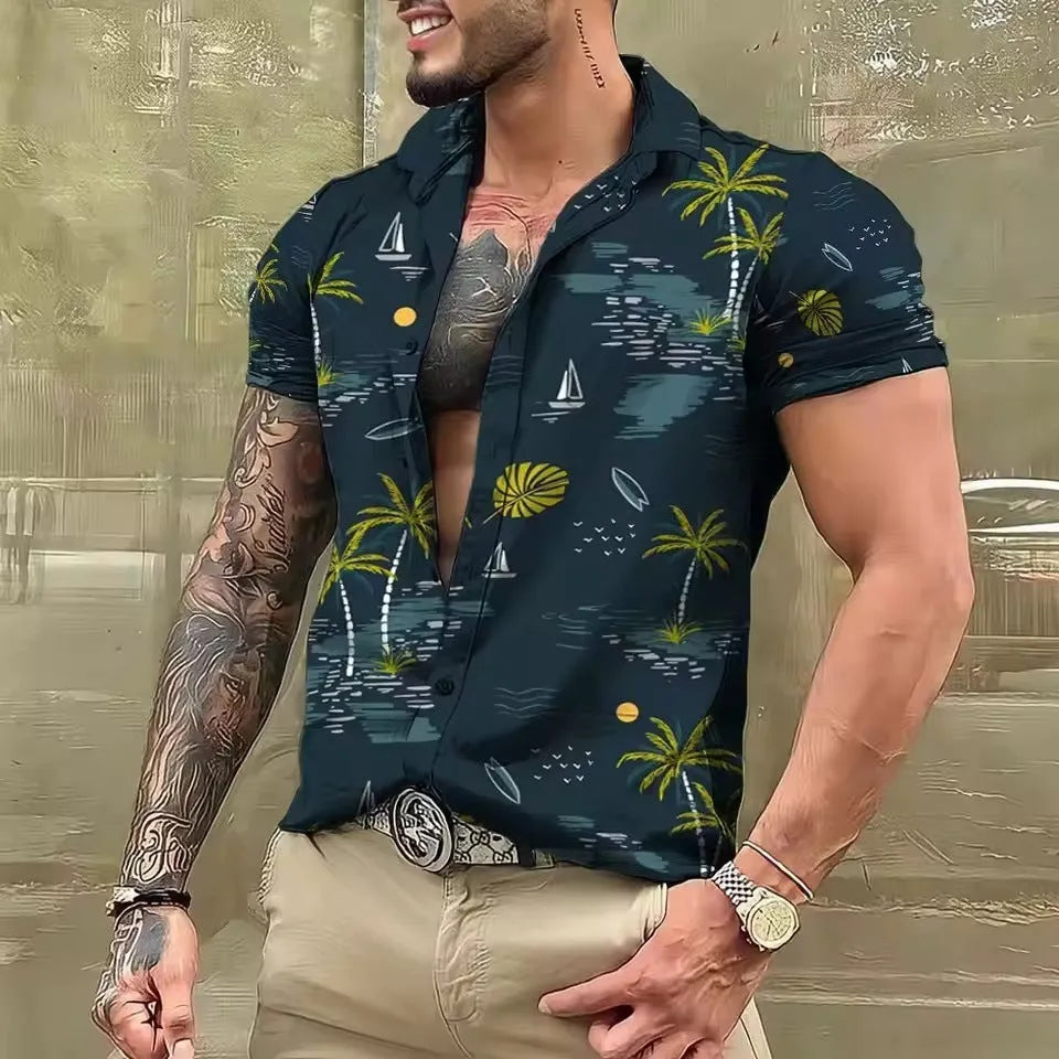 Man wearing a loose-fitting short sleeve shirt with a floral digital print pattern.