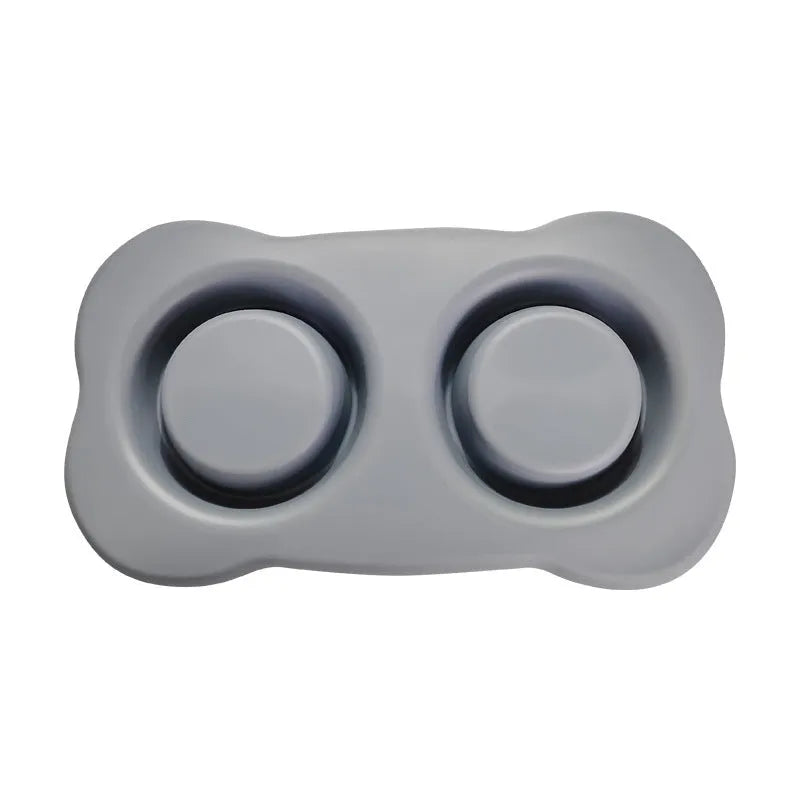 Large silicone double dog bowl with stainless steel food and water compartments in blue colour