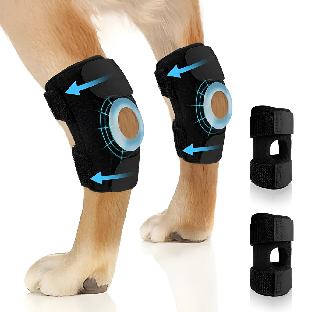 Black polyester dog leg guard for knee joint protection and ACL tear recovery.