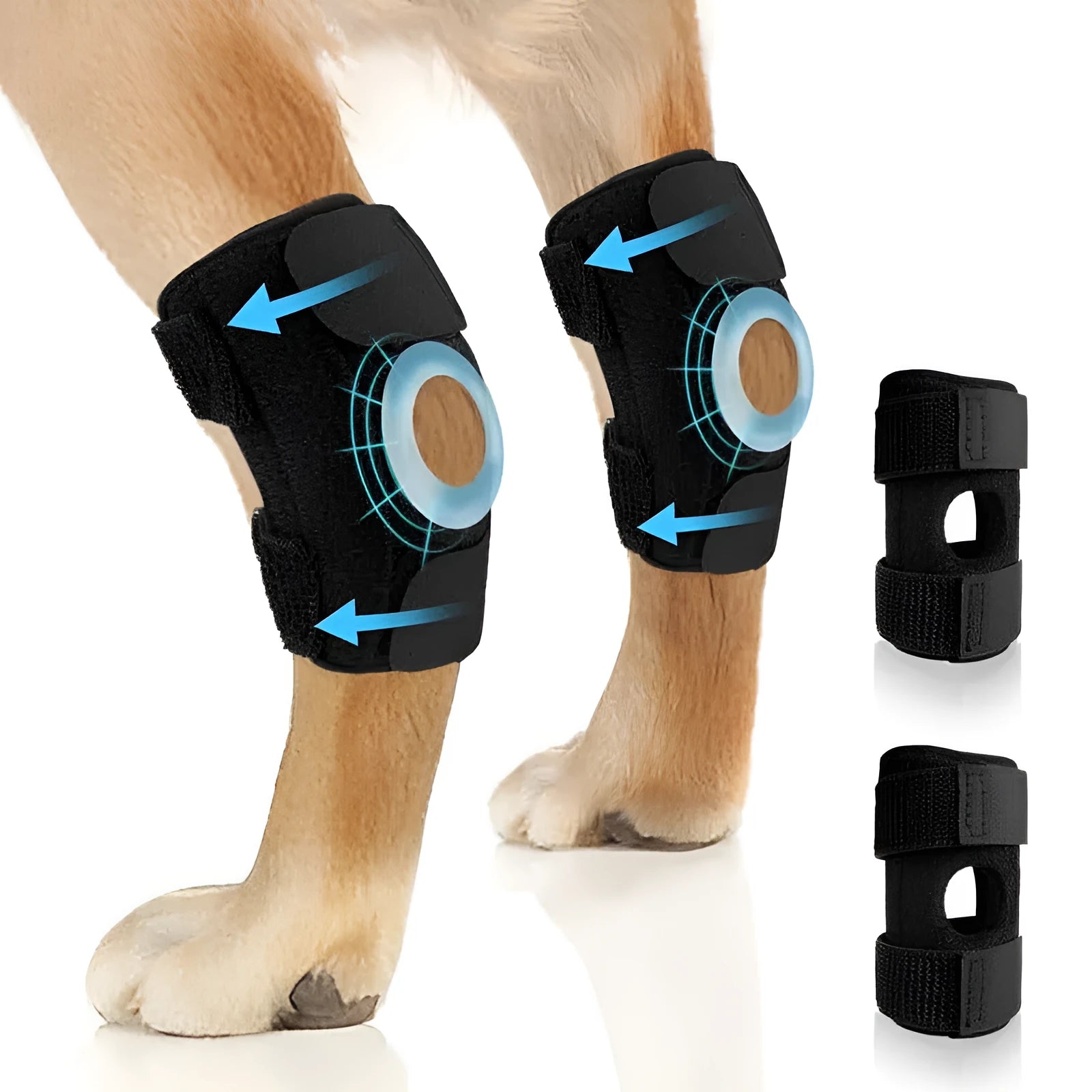 Black polyester dog leg guard for knee joint protection and ACL tear recovery.