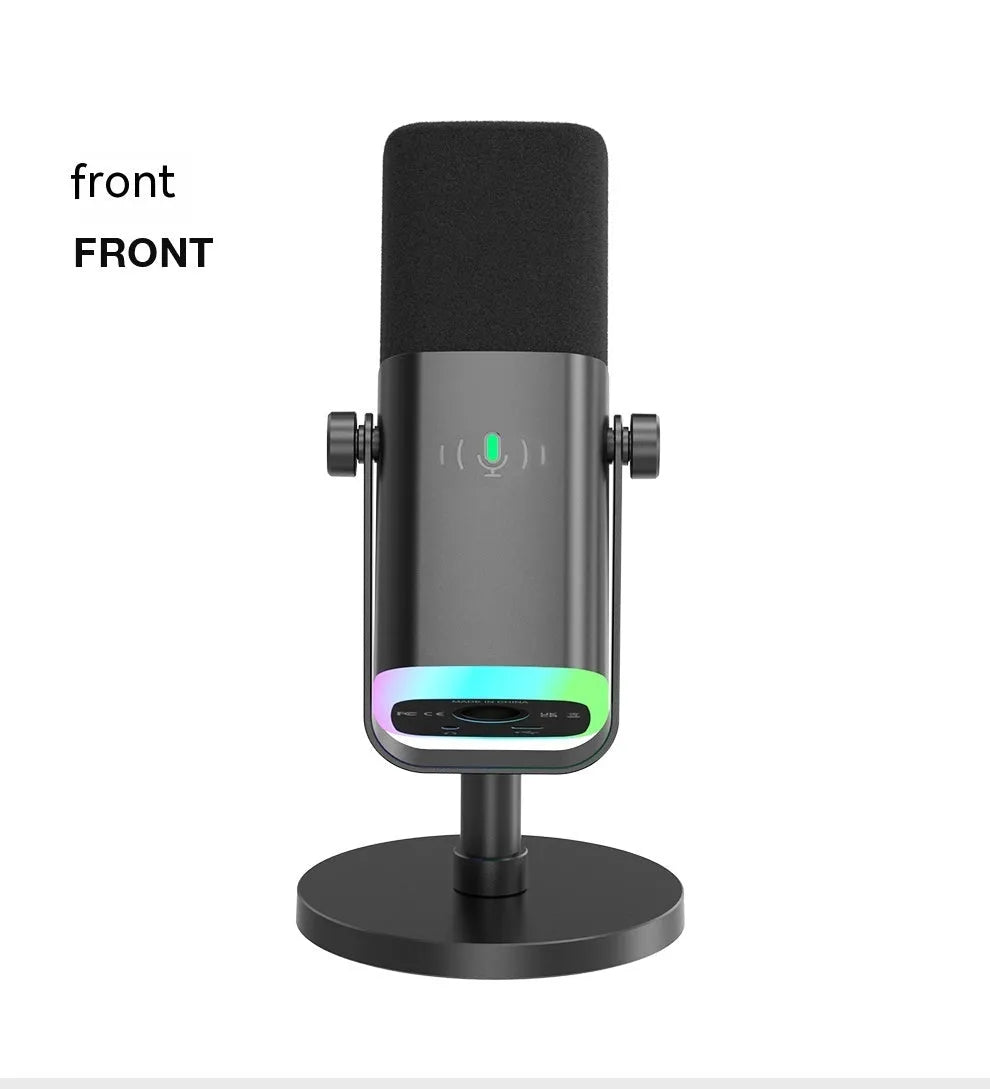 Dynamic noise reduction microphone in black with XLR cable and desktop base.