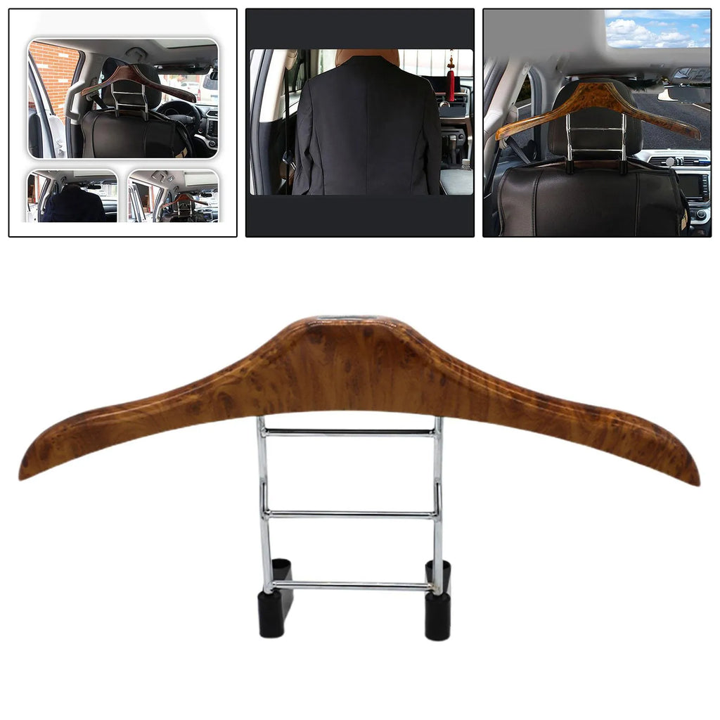 Wood yellow stainless steel car mounted clothes hanger for suits and coats on a chair back.