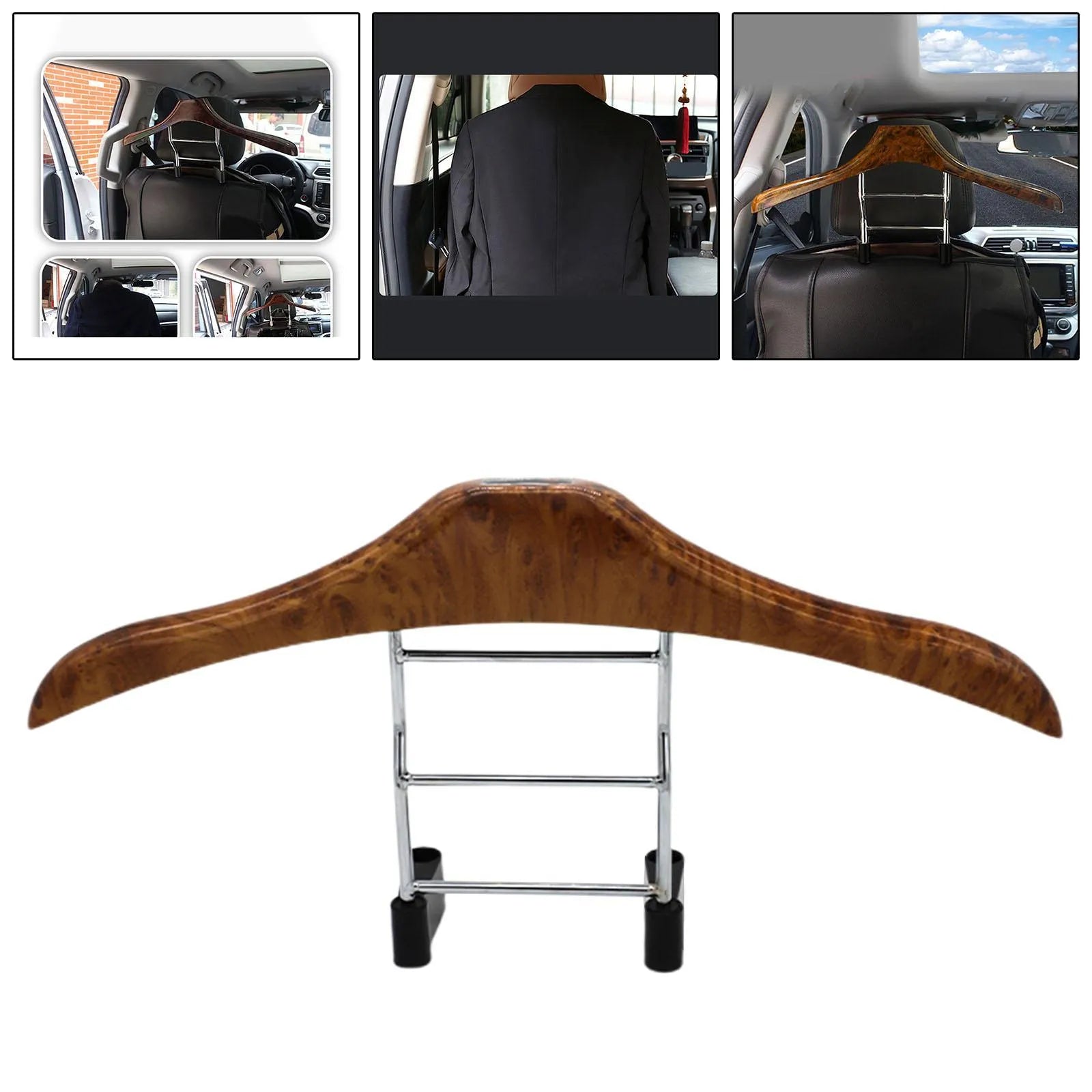 Wood yellow stainless steel car mounted clothes hanger for suits and coats on a chair back.