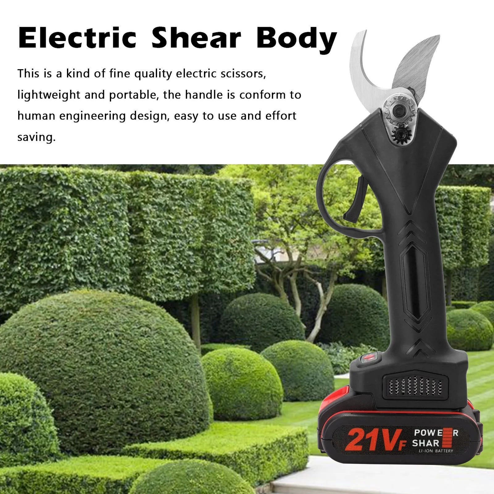 21V rechargeable garden pruning shear with black plastic body, steel blade, and two batteries in plastic box