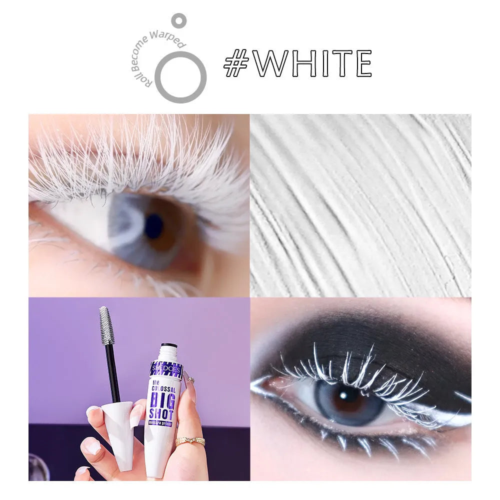 White waterproof mascara tube with 10ml net content and standard brush applicator for curling lashes