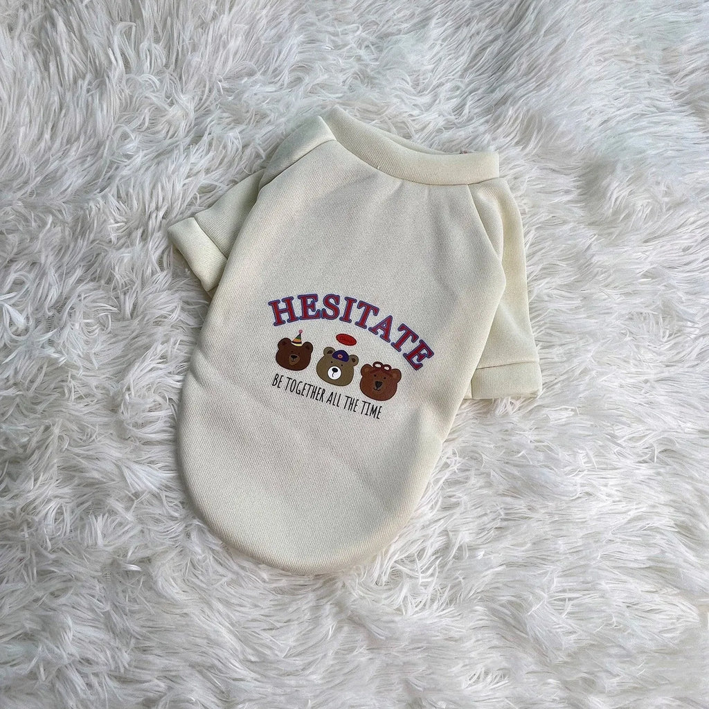Korean cartoon plush dog clothes in polyester hoodie style, beige colour, on a small dog