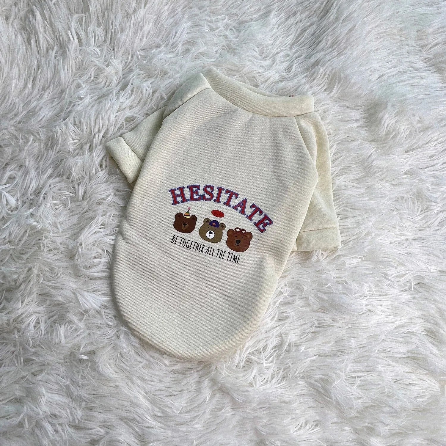 Korean cartoon plush dog clothes in polyester hoodie style, beige colour, on a small dog