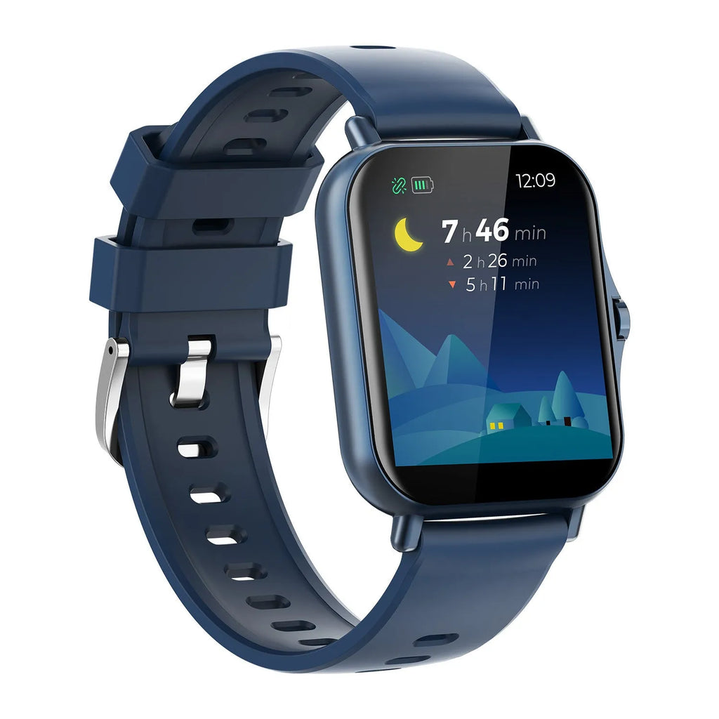 Smart watch with heart rate monitor on a wrist, showing a blue colour variant with a curved touch screen.