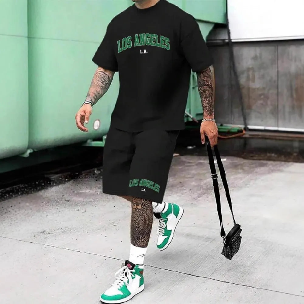 Men's short sleeve top and shorts sportswear set with 3D letter printing in polyester fabric