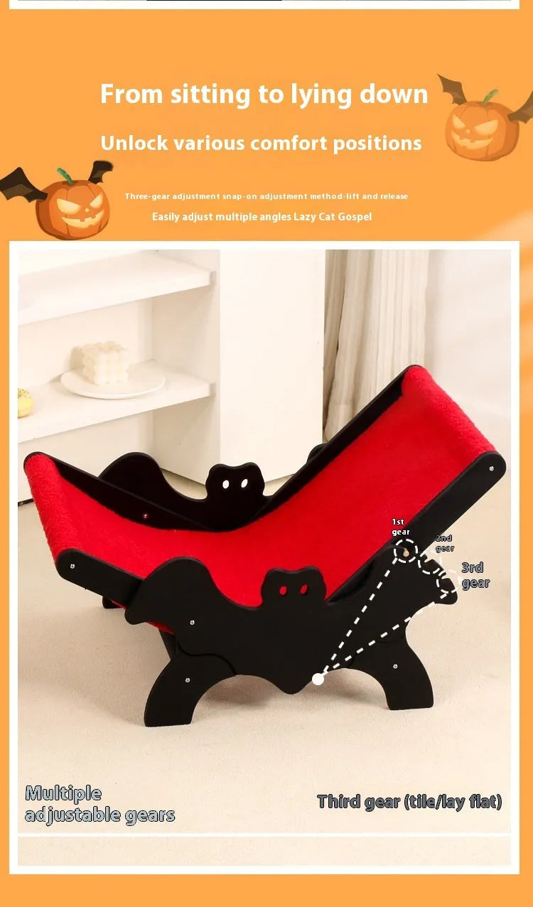 Black and red Halloween bat design wooden cat recliner bed, model MW-054, on a white background.