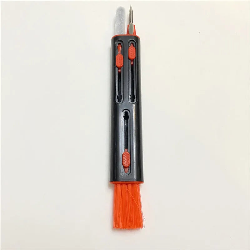 Cleaning pen for AirPods and Bluetooth earbuds with four heads including brush and sponge, in black and red colour