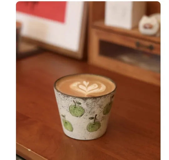 Handmade purple clay green pig ceramic tea cup with coaster set, 280ml capacity, fresh style
