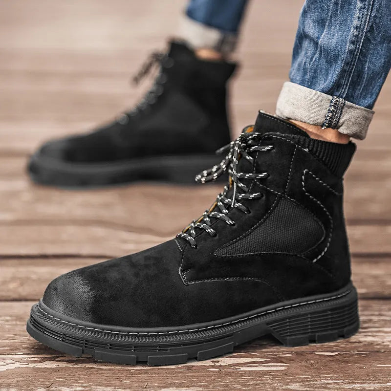 Men's vintage frosted microfibre leather Martin boots with a low thick heel and round toe.