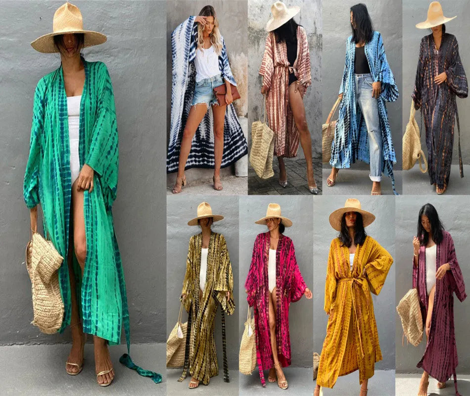 Loose cotton beach cover-up shirt with printed sun protection design in multiple colour options