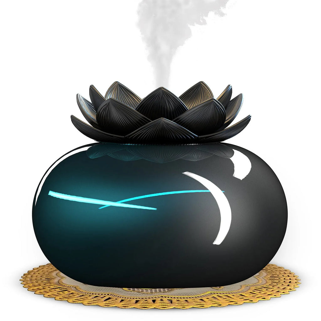 Pure black circular Lotus USB aromatherapy humidifier with ultrasonic ceramic technology
