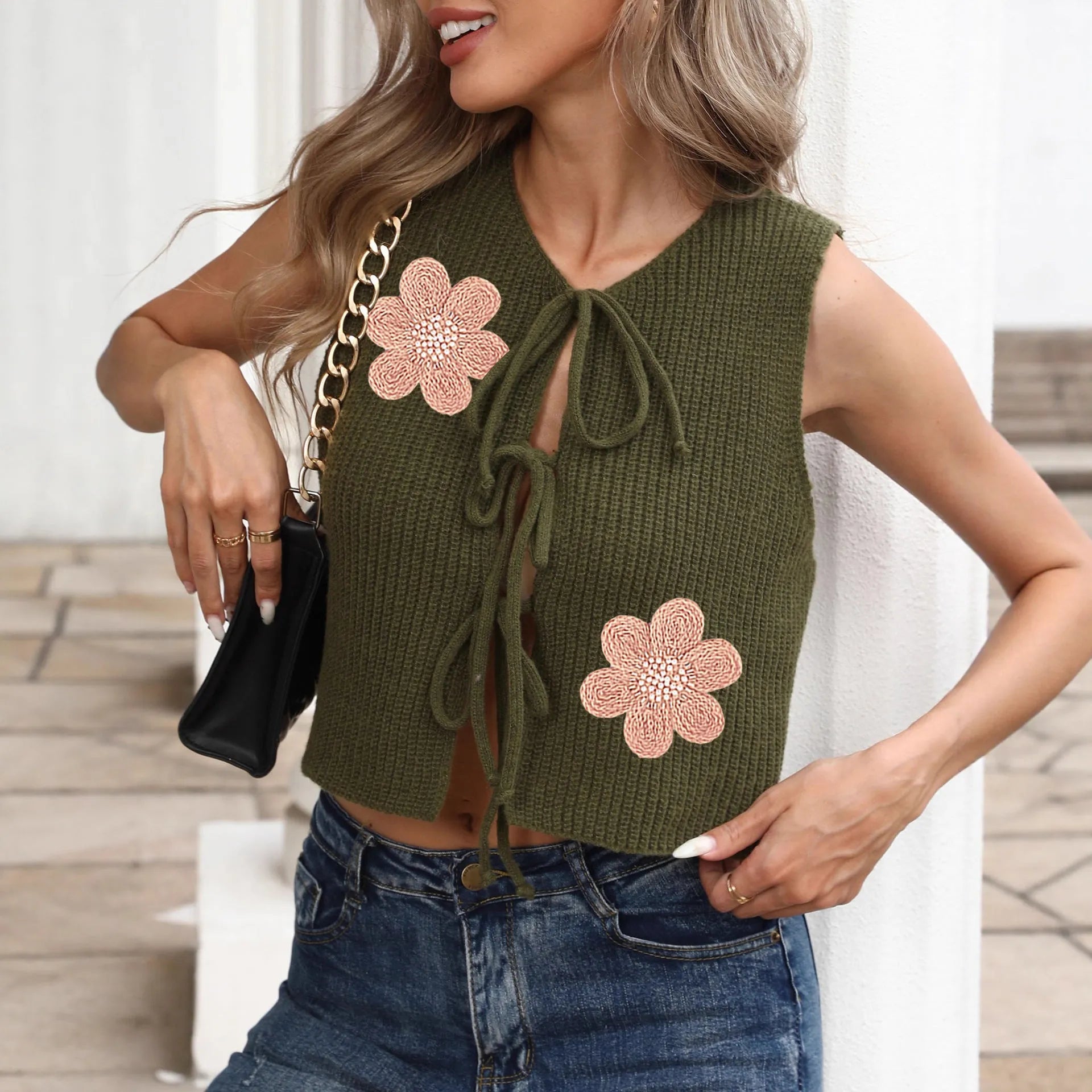 Women's sleeveless vest cardigan with lace-up straps and apricot flower pattern on textured fabric