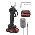 21V rechargeable garden pruning shear with black plastic body, steel blade, and two batteries in plastic box