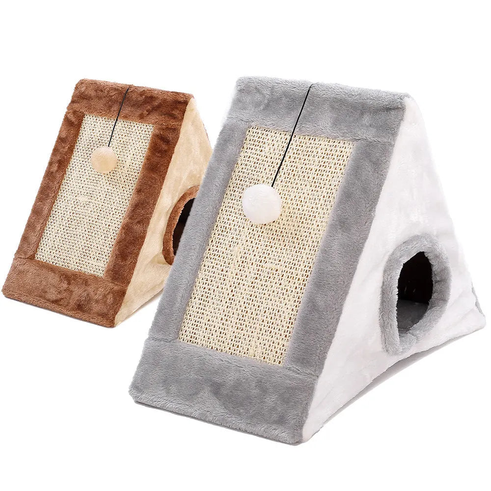 Grey and white triangle cat scratcher bed with sisal scratching surfaces and fur-lined sleeping area