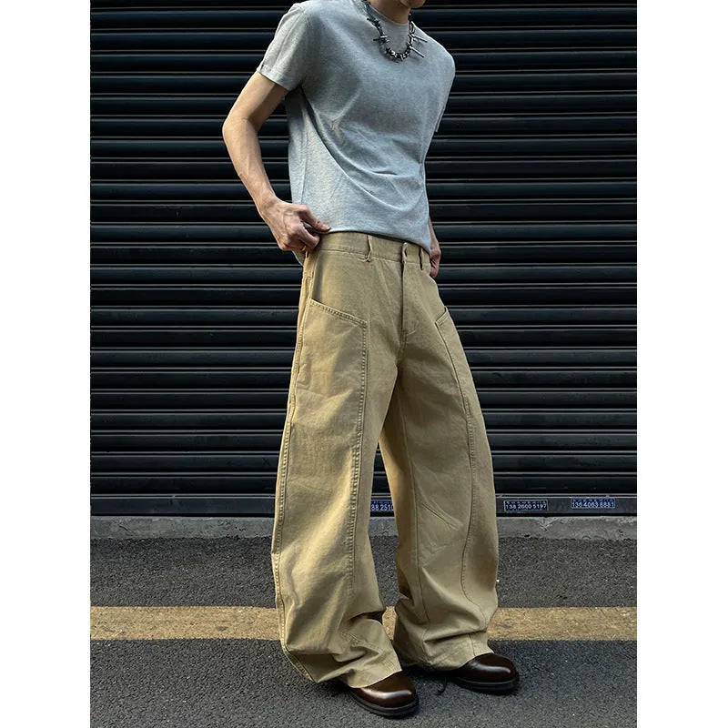 Men's casual cotton straight trousers in solid khaki colour from the front