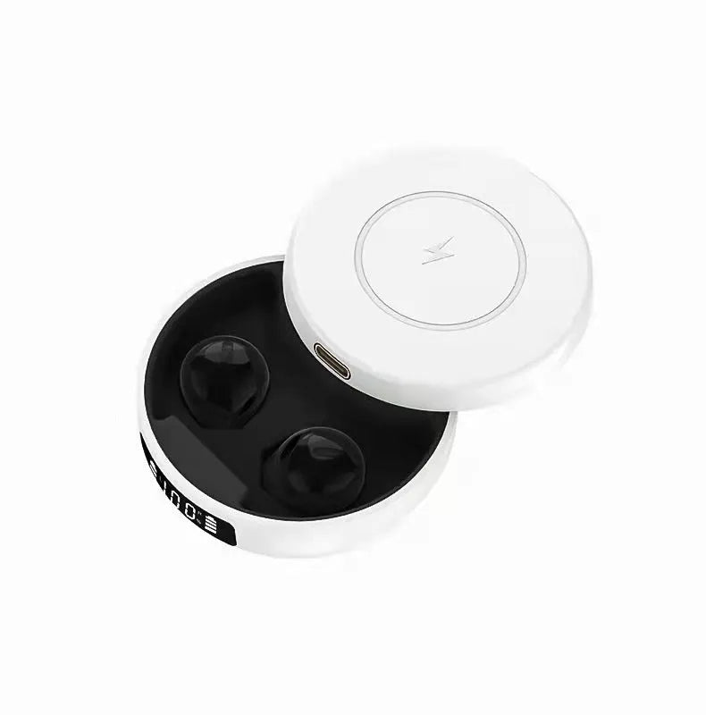 Mini semi-in-ear wireless headphones with charging case in black, white or blue colours