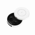Mini semi-in-ear wireless headphones with charging case in black, white or blue colours