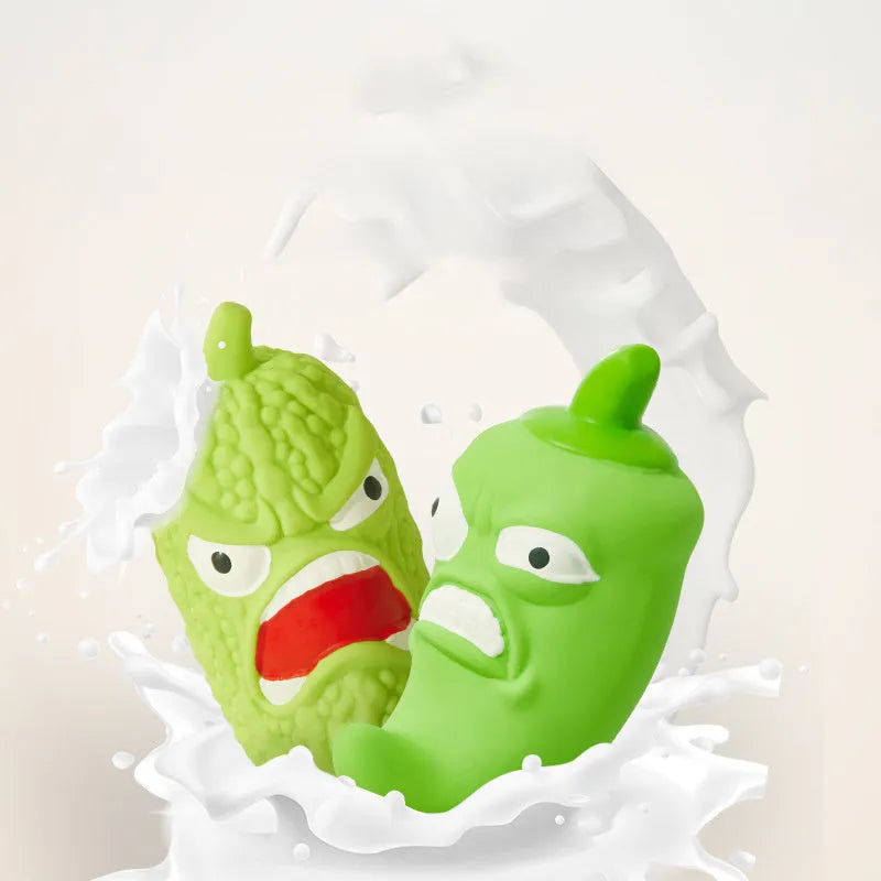 Bitter melon and chilli shaped dog toys with textured surfaces for bite resistance and teeth cleaning