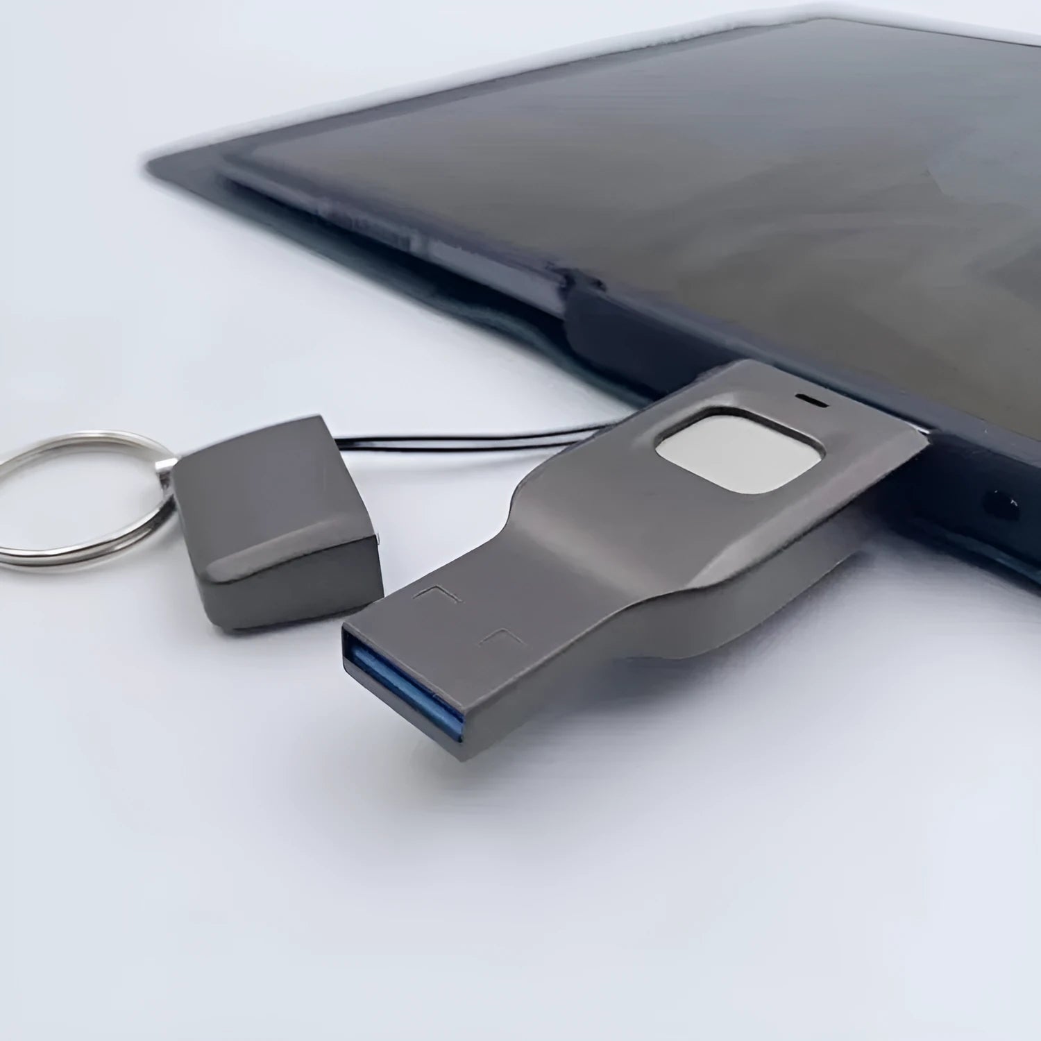 Black fingerprint encrypted USB flash drive showing both USB and USB-C connectors