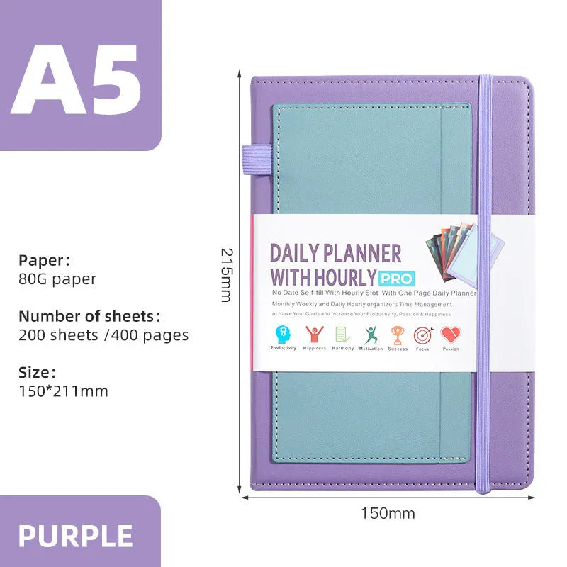 A5 notebook with PU cover, open to show no-date strap and thread binding, with planning stickers.