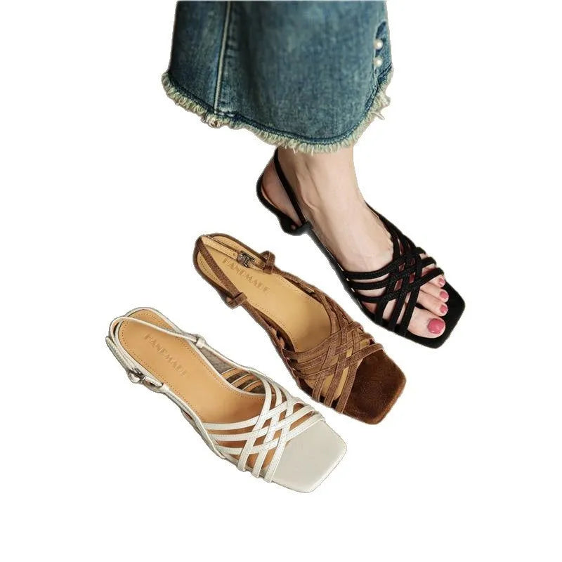 Retro-style women's sandals with thin cross straps, an ankle buckle, and a square toe in a light brown colour.