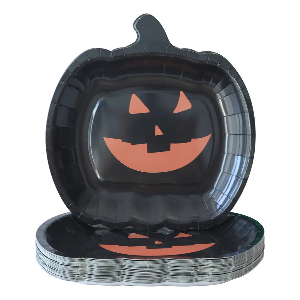 Thickened 9-inch black disposable paper plate with orange pumpkin Halloween design