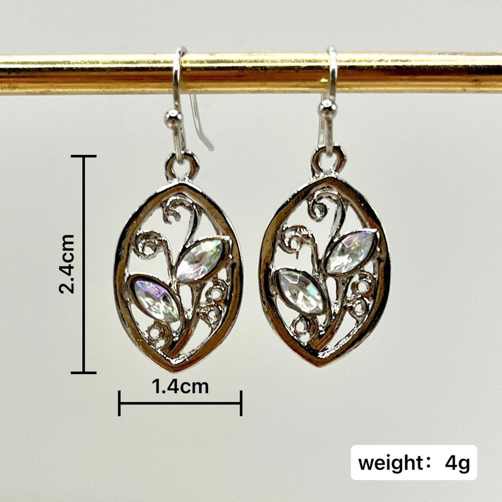 Silver leaf-shaped earrings with embedded colourful moonstone stones, European design