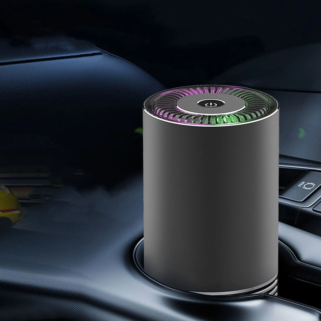 Car indoor wireless air purifier in aluminium alloy and ABS, 65x150mm, available in black silver and metallic grey