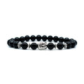 19mm Buddha head charm bracelet showing five material options: amethyst, black agate, pink crystal, green gold, and tiger eye.