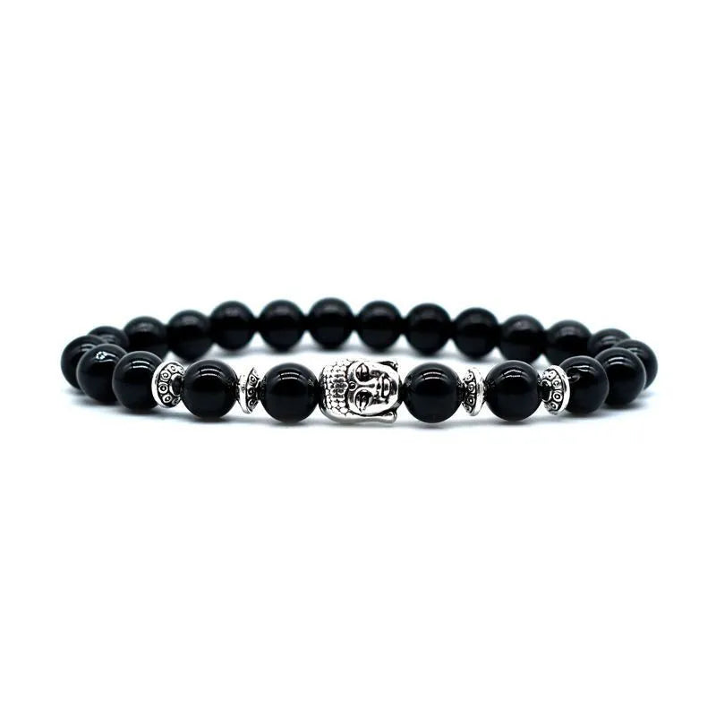 19mm Buddha head charm bracelet showing five material options: amethyst, black agate, pink crystal, green gold, and tiger eye.