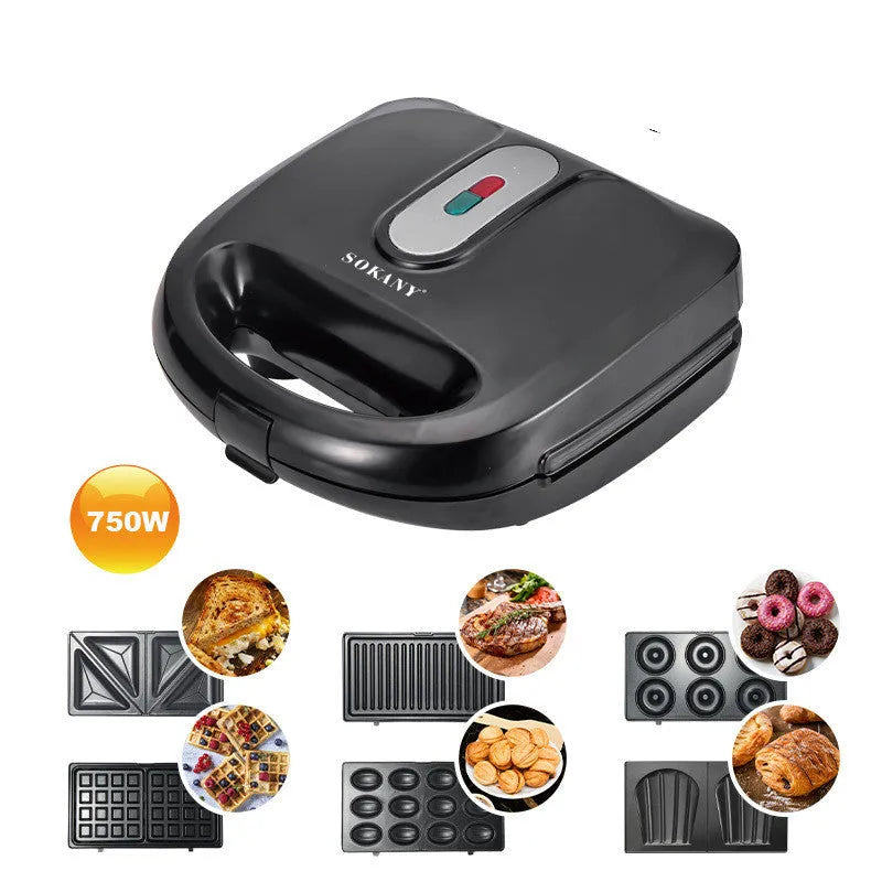 Black double-sided electric sandwich maker with brushed stainless steel lid and non-stick plates