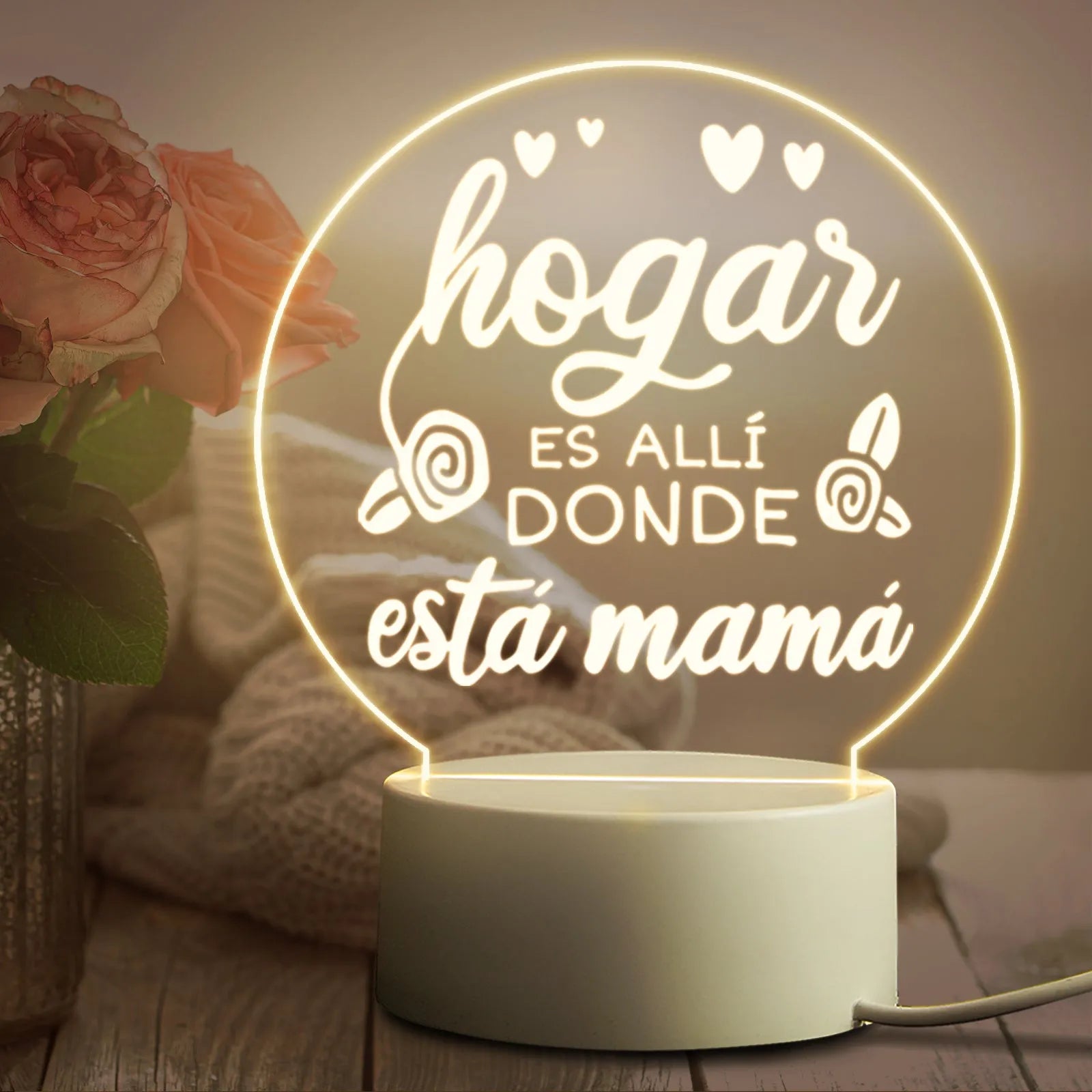 Acrylic LED night light with warm light on white base, USB powered, modern minimalist bedside decoration
