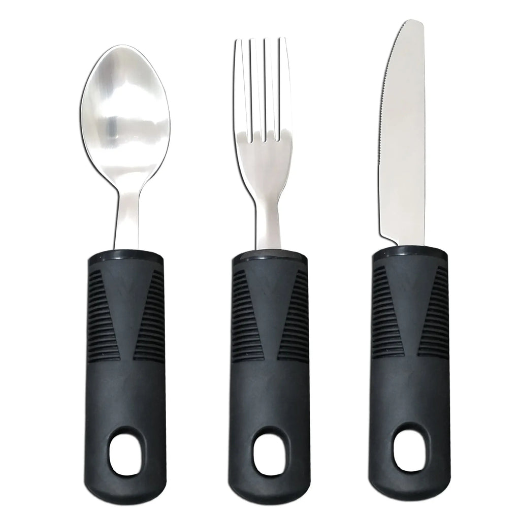Stainless steel anti-shake tableware set with adaptive rubber grip handles in black and grey options