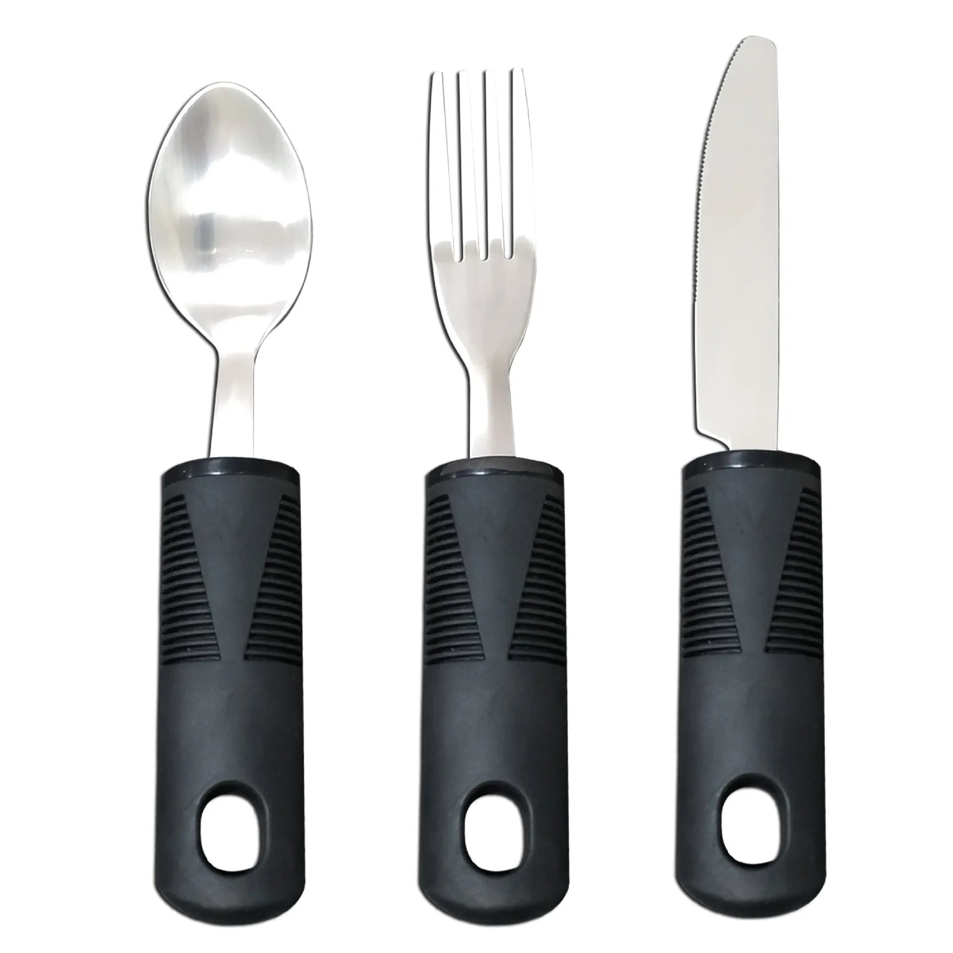 Stainless steel anti-shake tableware set with adaptive rubber grip handles in black and grey options