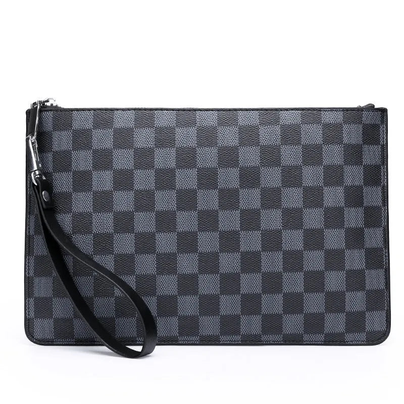 Men's soft PU leather clutch wallet showing card slots and checkered pattern