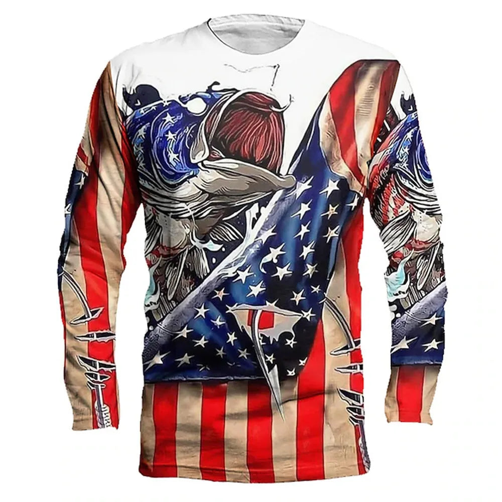 Men's grey pullover with a colourful fish print on the chest, showing round neck and long sleeves.
