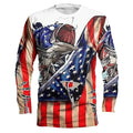 Men's grey pullover with a colourful fish print on the chest, showing round neck and long sleeves.
