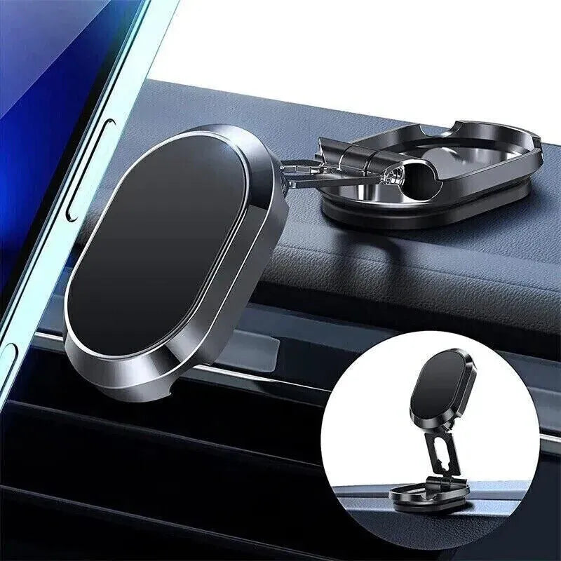 Chrome magnetic car phone holder with 360-degree rotation on dashboard