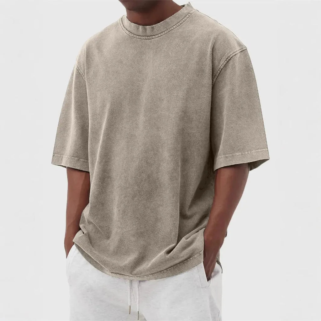 Men's stone washed pullover t-shirt in distressed blue colour with loose casual fit